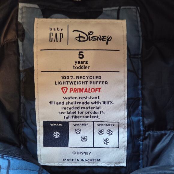 Mickey Mouse Puffer Jacket Baby Gap size 5 Lightweight Coat Disney - Picture 6 of 6